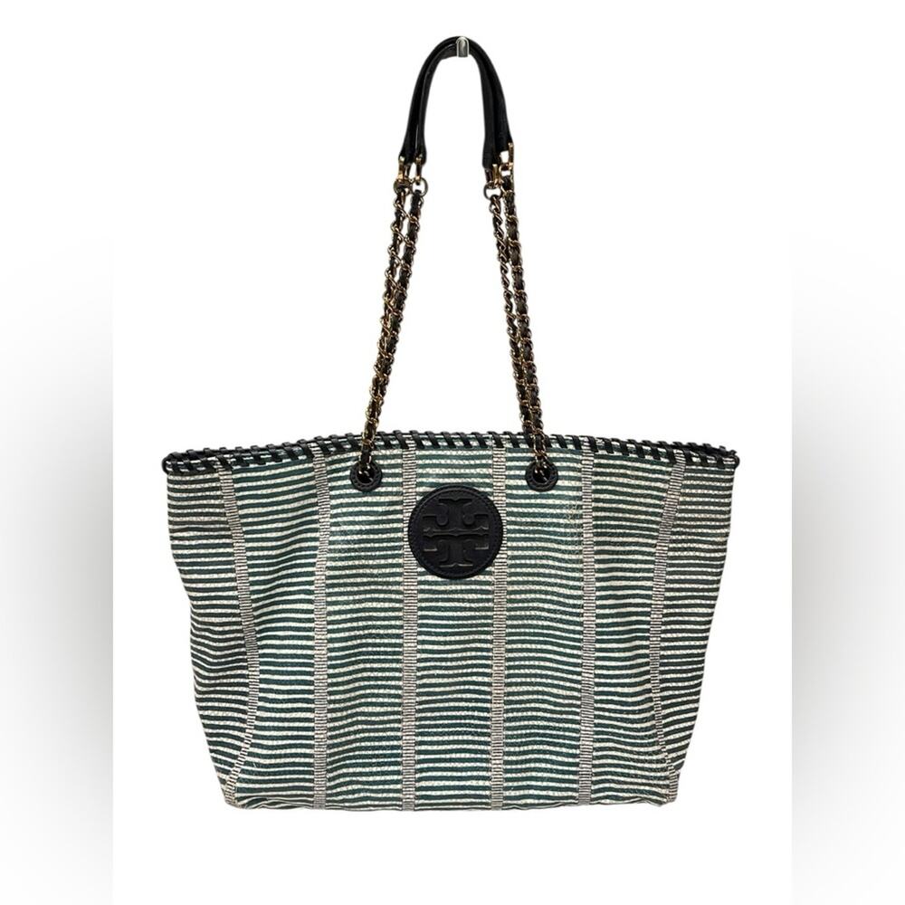 TORY BURCH Marion Patchwork EW Navy White Stripe Snake Embossed Leather Tote